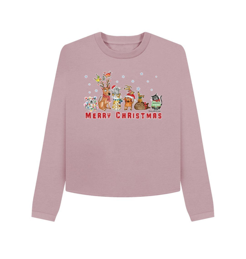 Mauve \"Merry Christmas with FURiends\"Women's Organic Boxy Cropped Sweatshirt