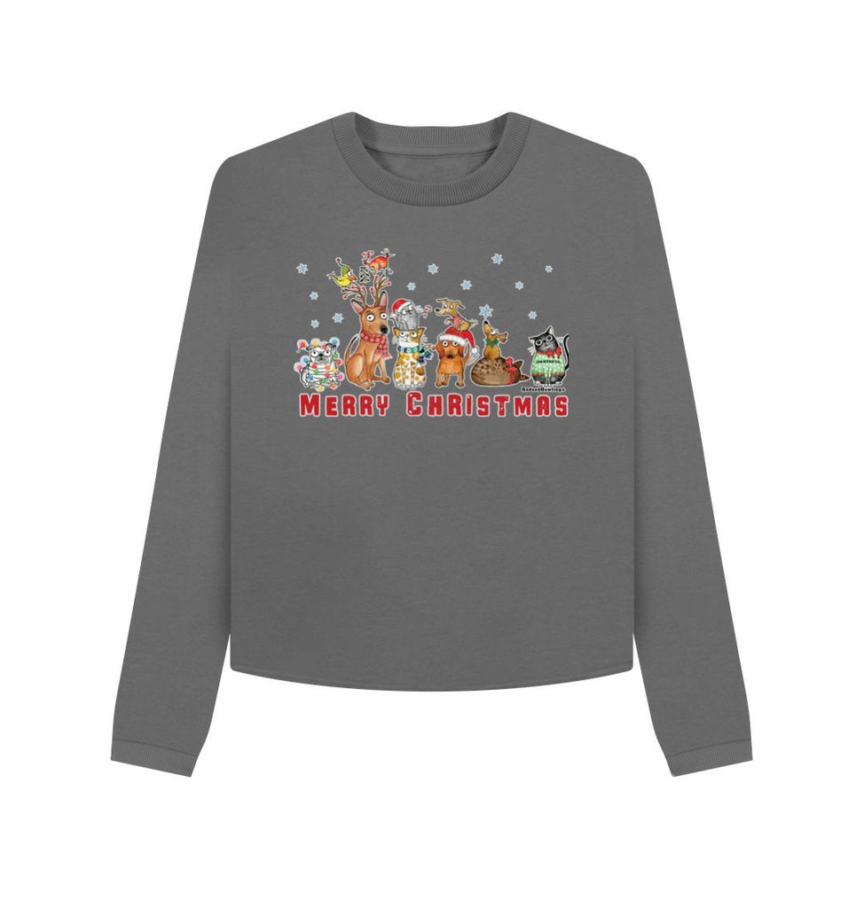 Slate Grey \"Merry Christmas with FURiends\"Women's Organic Boxy Cropped Sweatshirt