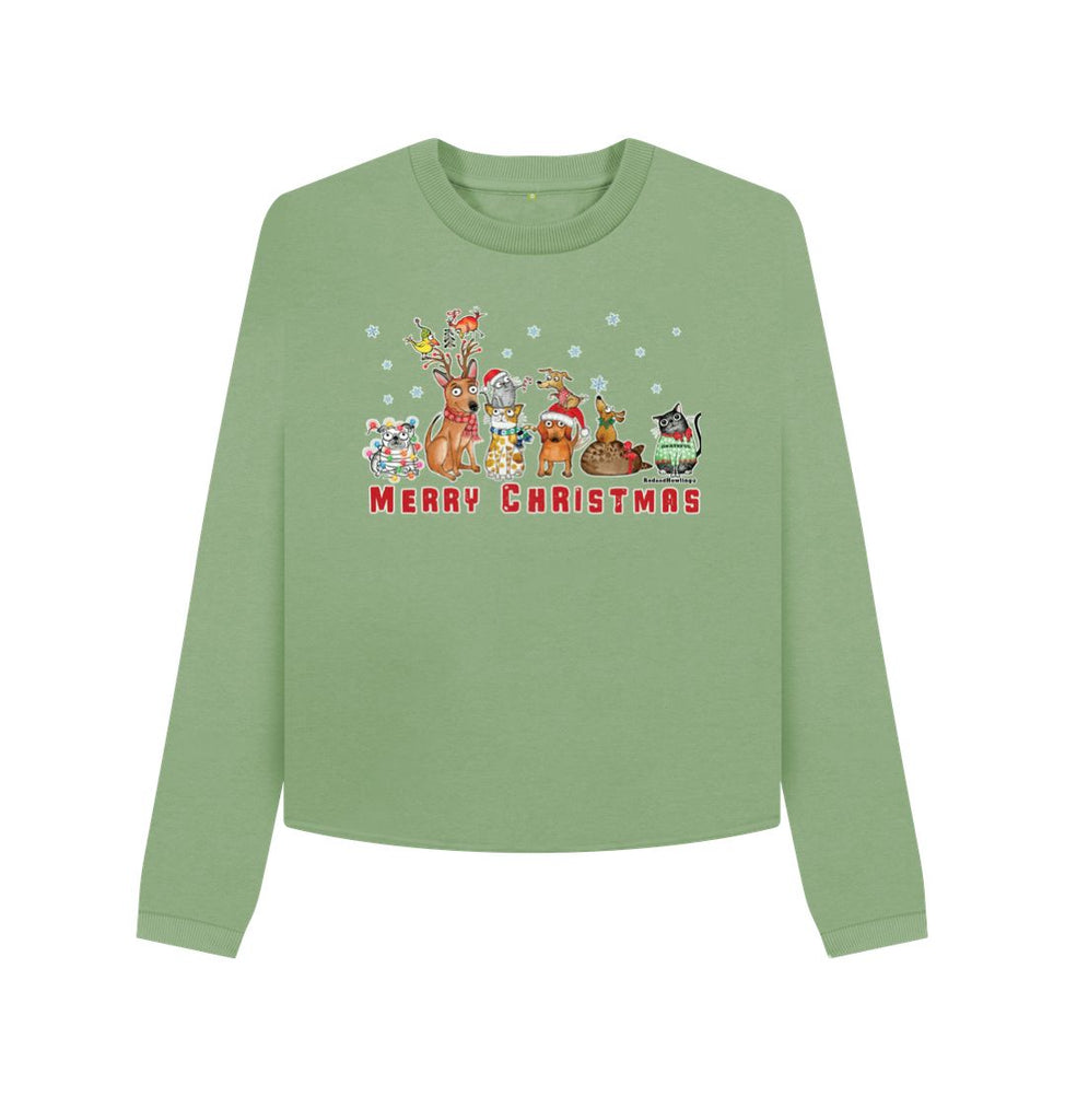 Sage \"Merry Christmas with FURiends\"Women's Organic Boxy Cropped Sweatshirt